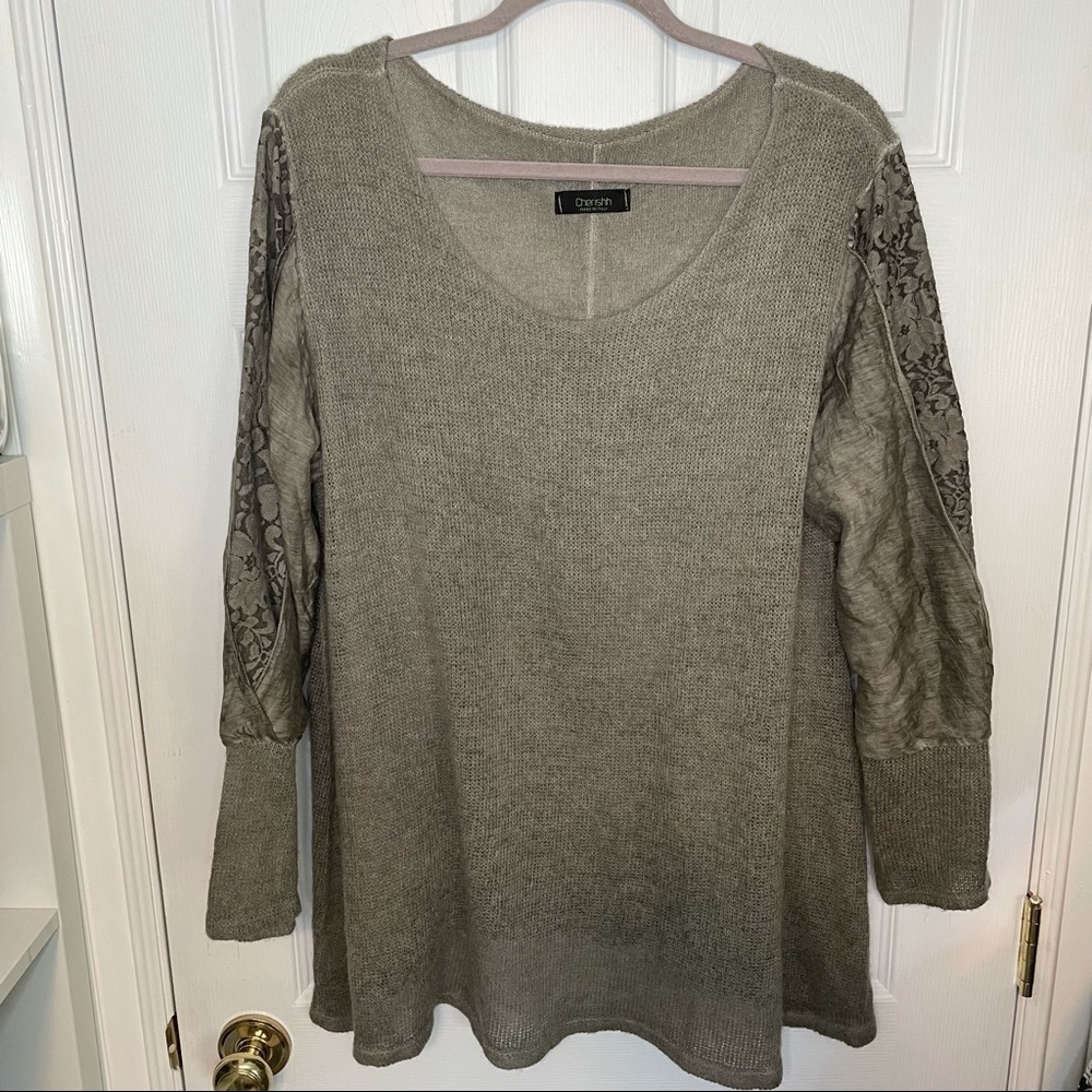 Cherishh Made In Italy Long Tunic Top Taupe Floral Decorative Sleeves Medium